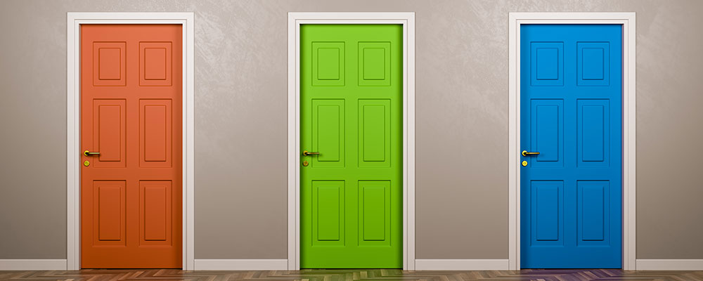 Three doors to choose from – orange, green and blue.